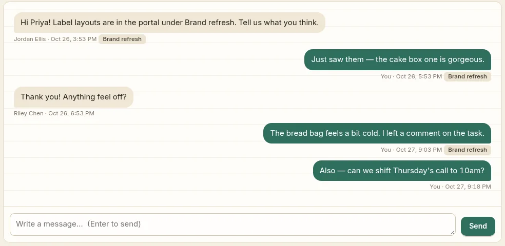 A chat thread between a studio and a client, with messages tagged by project, like 'Brand refresh', and a message box at the bottom.