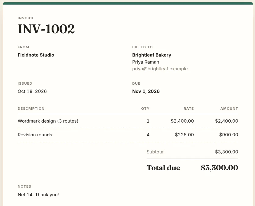 An invoice page from the client's portal, with line items for a wordmark design and revision rounds, a subtotal and a total due of $3,300.