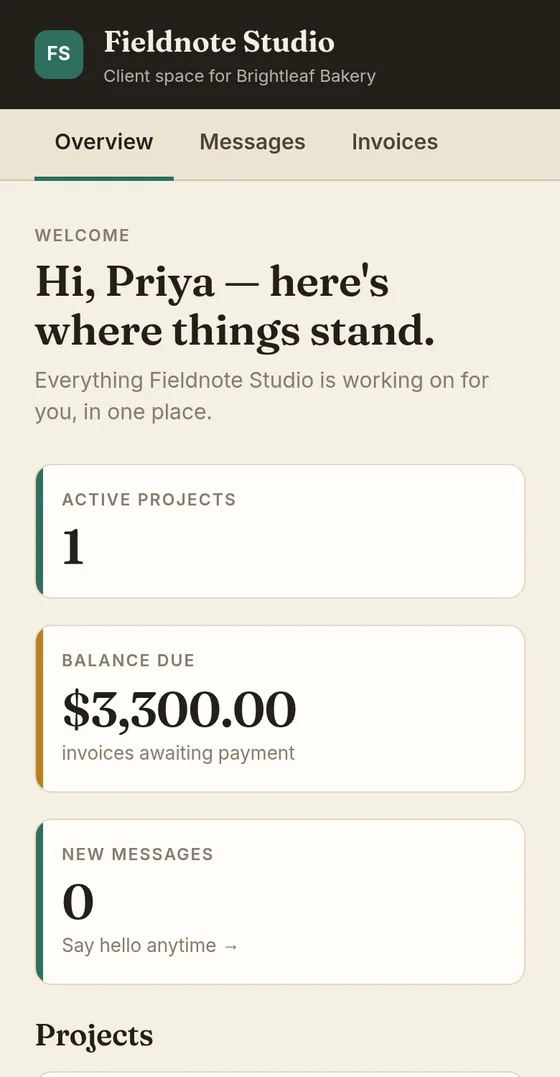 What a client sees on their phone: a private portal with active projects, the balance due, and the latest message.