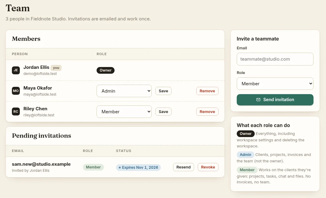 The Team page: a list of three members with Owner, Admin and Member roles, a pending invitation, and a panel explaining what each role can do.